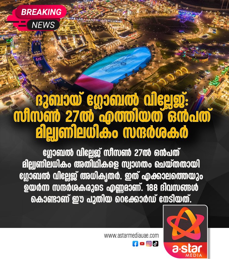 ദുബായ് ഗ്ലോബൽ വില്ലേജ്: സീസൺ 27 ൽ എത്തിയത് ഒൻപത് മില്ല്യണിലധികം സന്ദർശകർ