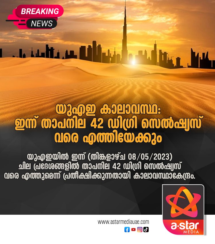 യുഎഇ കാലാവസ്ഥ: ഇന്ന് താപനില 42 ഡിഗ്രി സെൽഷ്യസ് വരെ എത്തിയേക്കും