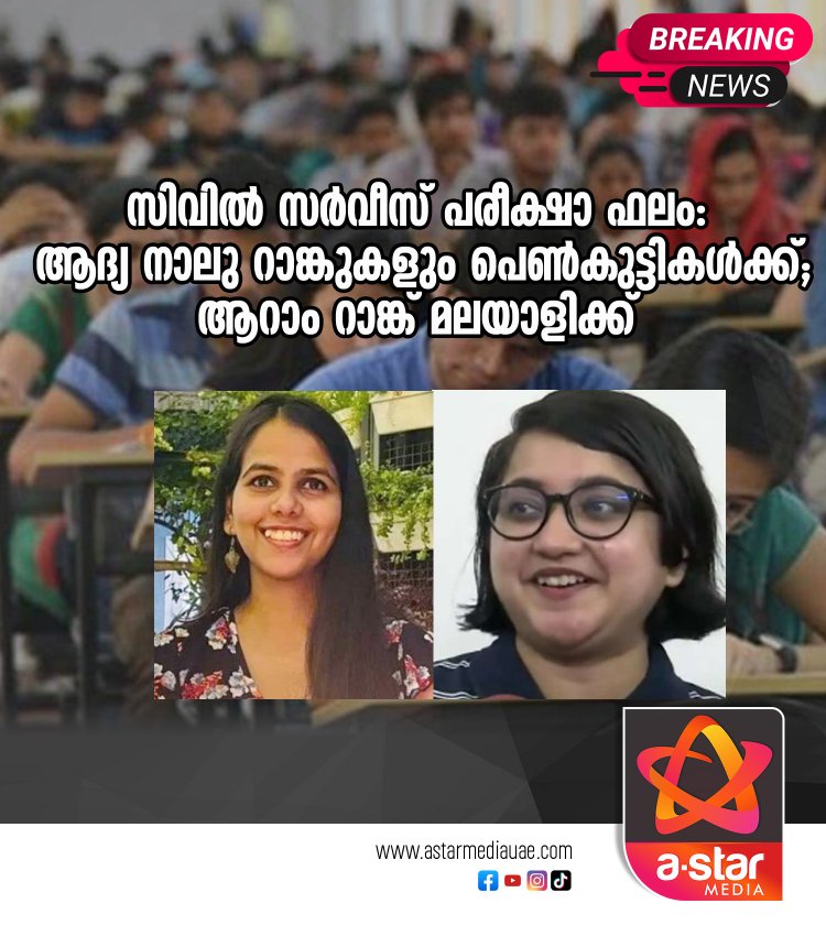 സിവിൽ സർവീസ് പരീക്ഷാ ഫലം: ആദ്യ നാല് റാങ്കുകളും പെൺകുട്ടികൾക്ക്; ആറാം റാങ്ക് മലയാളിക്ക്